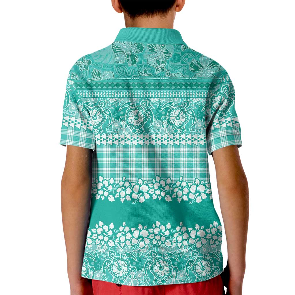 Hawaiian Hibiscus Honu Kid Polo Shirt Turquoise Mele Kalikimaka Palaka Spirit - Polynesian Pride