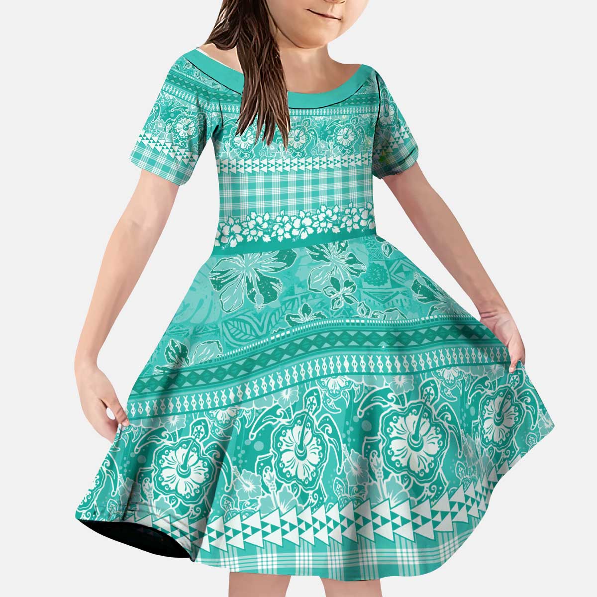 Hawaiian Hibiscus Honu Kid Short Sleeve Dress Turquoise Mele Kalikimaka Palaka Spirit - Polynesian Pride