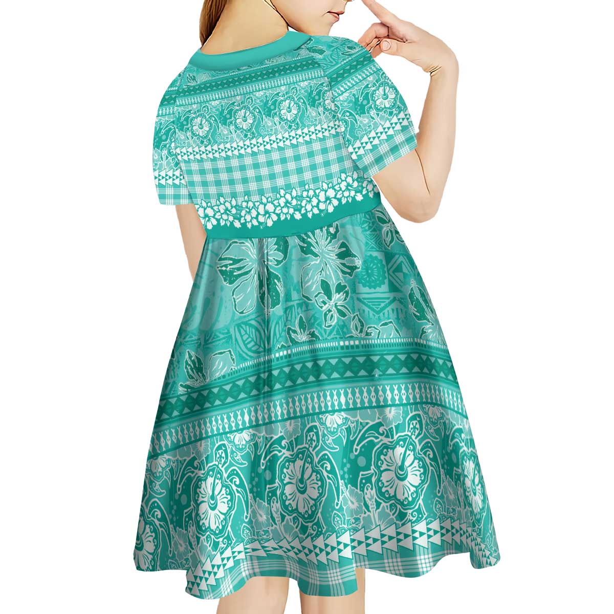 Hawaiian Hibiscus Honu Kid Short Sleeve Dress Turquoise Mele Kalikimaka Palaka Spirit - Polynesian Pride