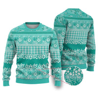 Hawaiian Hibiscus Honu Ugly Christmas Sweater Turquoise Mele Kalikimaka Palaka Spirit - Polynesian Pride