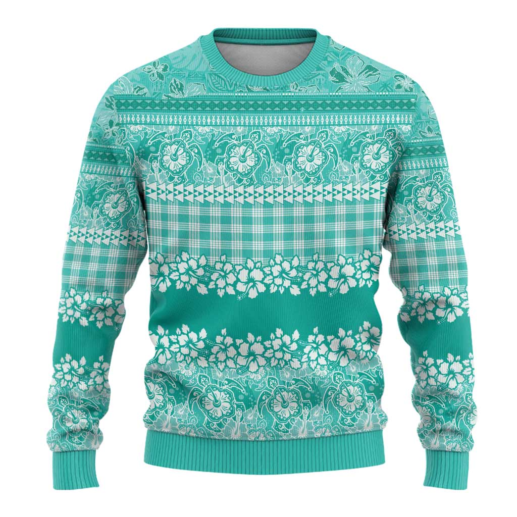Hawaiian Hibiscus Honu Ugly Christmas Sweater Turquoise Mele Kalikimaka Palaka Spirit - Polynesian Pride