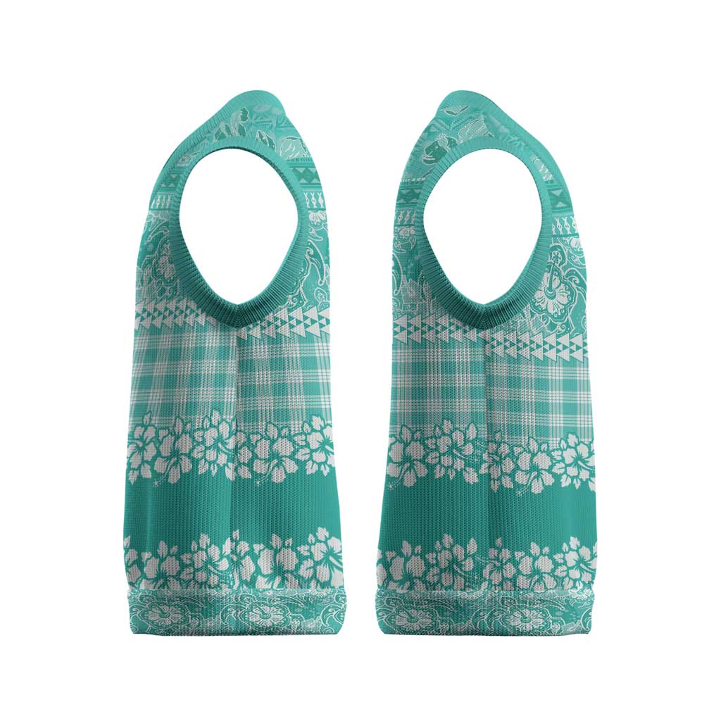 Hawaiian Hibiscus Honu Christmas Knitted V-Neck Vest Turquoise Mele Kalikimaka Palaka Spirit - Polynesian Pride