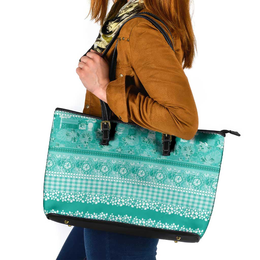 Hawaiian Hibiscus Honu Leather Tote Bag Turquoise Mele Kalikimaka Palaka Spirit - Polynesian Pride