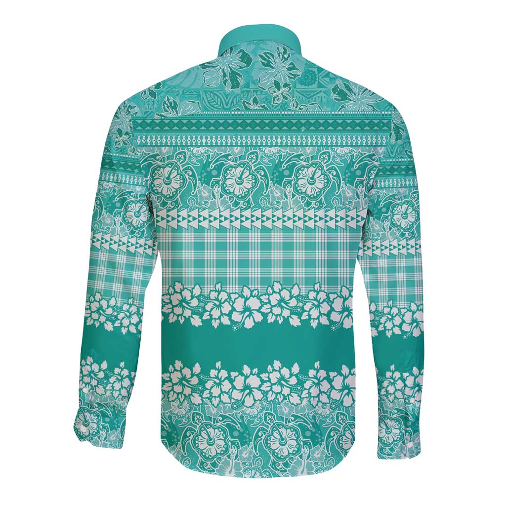 Hawaiian Hibiscus Honu Long Sleeve Button Shirt Turquoise Mele Kalikimaka Palaka Spirit - Polynesian Pride