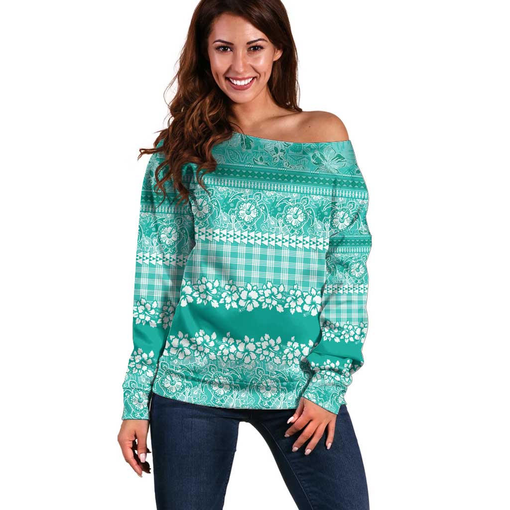 Hawaiian Hibiscus Honu Off Shoulder Sweater Turquoise Mele Kalikimaka Palaka Spirit LT9 Women Turquoise - Polynesian Pride