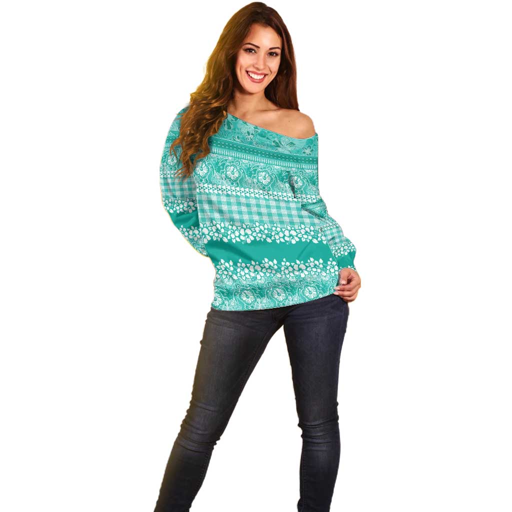 Hawaiian Hibiscus Honu Off Shoulder Sweater Turquoise Mele Kalikimaka Palaka Spirit LT9 - Polynesian Pride