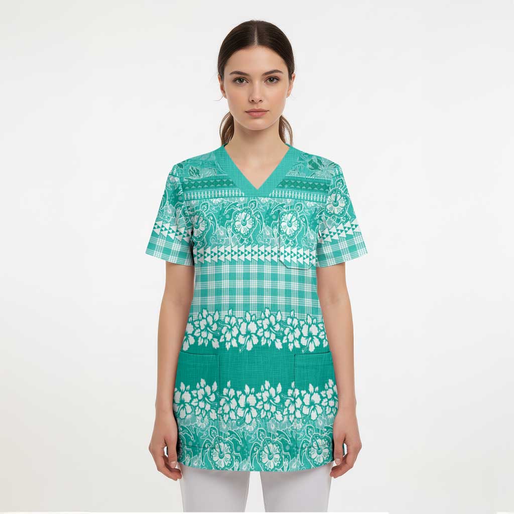 Hawaiian Hibiscus Honu Scrub Top Turquoise Mele Kalikimaka Palaka Spirit - Polynesian Pride