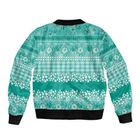 Hawaiian Hibiscus Honu Sleeve Zip Bomber Jacket Turquoise Mele Kalikimaka Palaka Spirit - Polynesian Pride