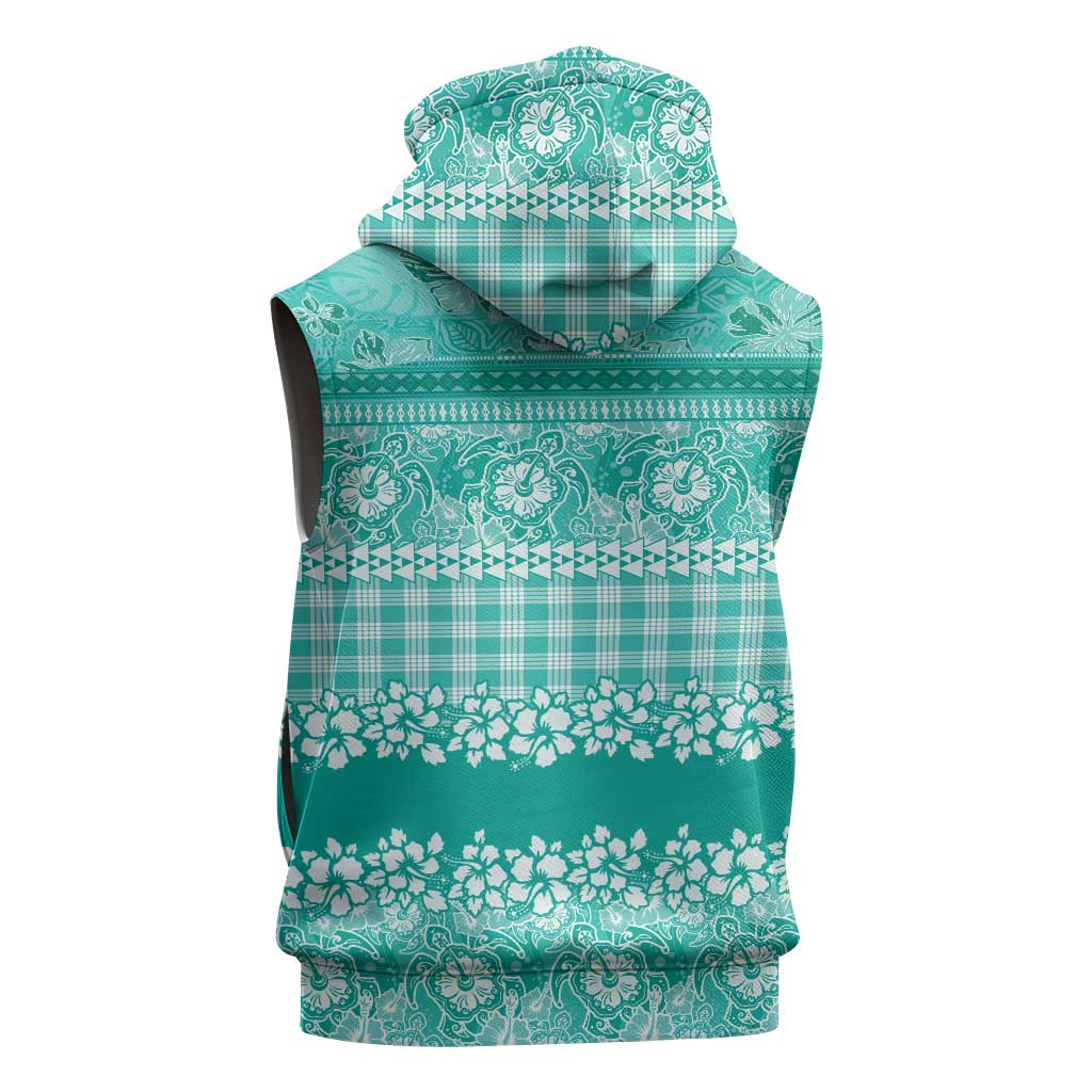 Hawaiian Hibiscus Honu Sleeveless Hoodie Turquoise Mele Kalikimaka Palaka Spirit - Polynesian Pride