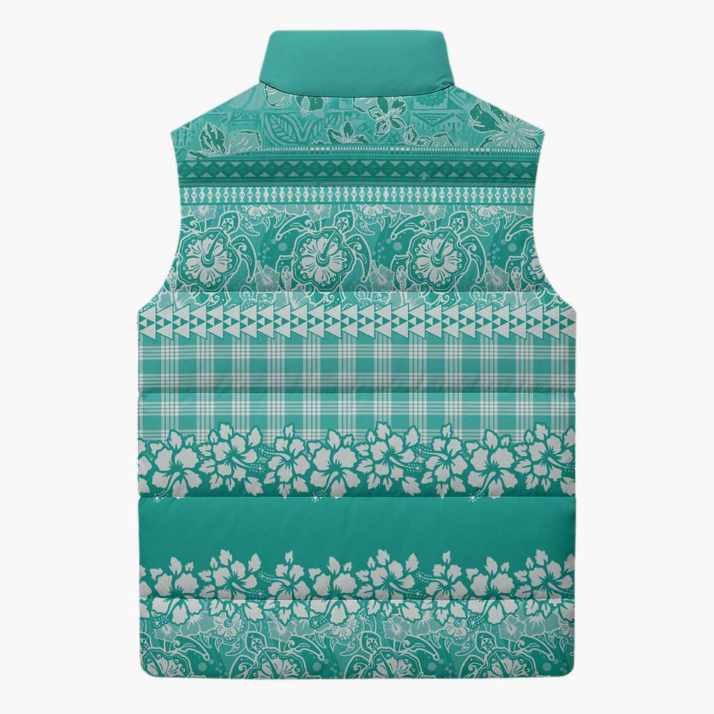Hawaiian Hibiscus Honu Sleeveless Puffer Jacket Turquoise Mele Kalikimaka Palaka Spirit - Polynesian Pride