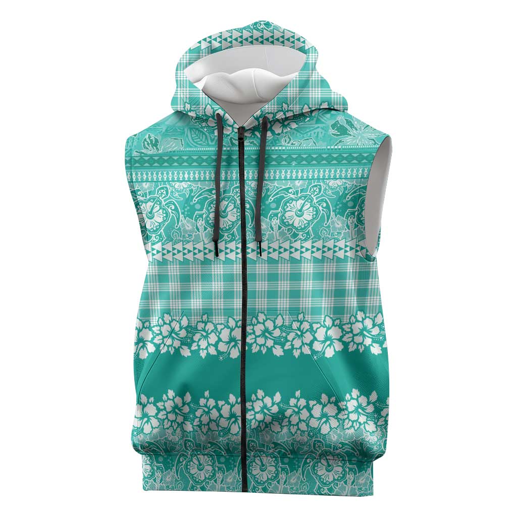 Hawaiian Hibiscus Honu Sleeveless Zip Hoodie Turquoise Mele Kalikimaka Palaka Spirit - Polynesian Pride