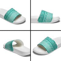 Hawaiian Hibiscus Honu Slide Sandals Turquoise Mele Kalikimaka Palaka Spirit - Polynesian Pride