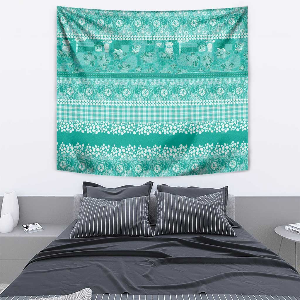 Hawaiian Hibiscus Honu Tapestry Turquoise Mele Kalikimaka Palaka Spirit - Polynesian Pride
