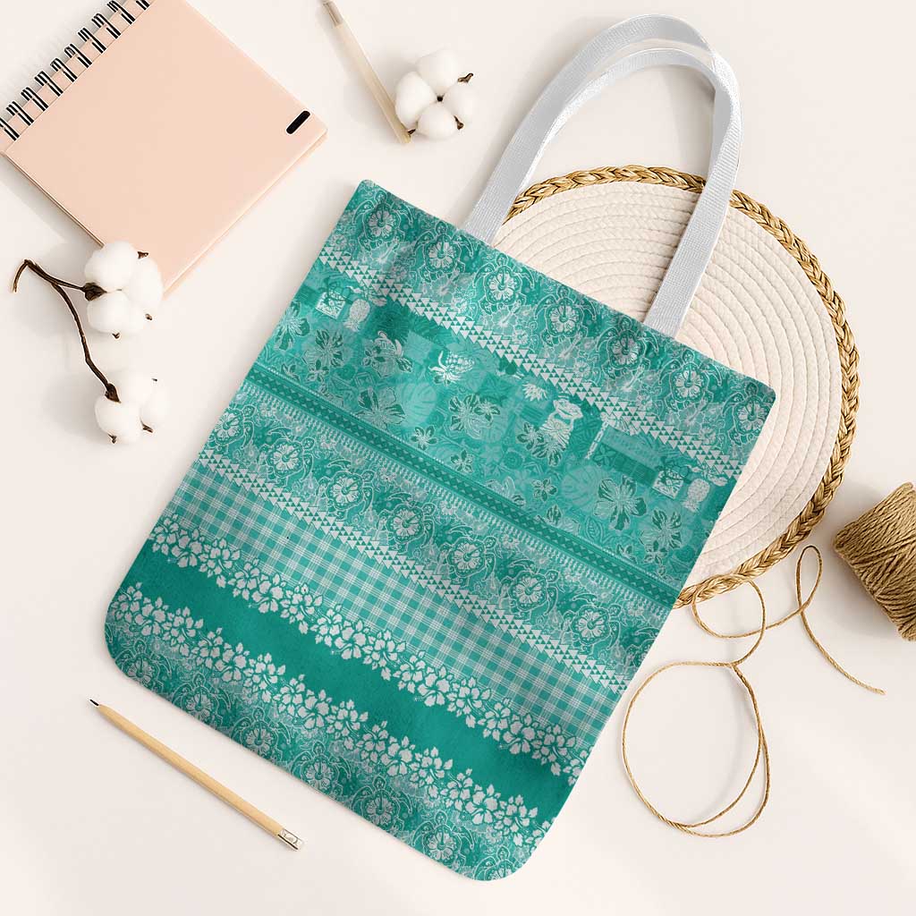 Hawaiian Hibiscus Honu Tote Bag Turquoise Mele Kalikimaka Palaka Spirit - Polynesian Pride