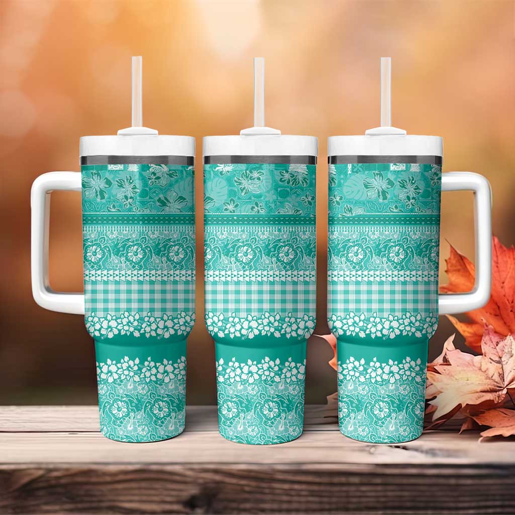 Hawaiian Hibiscus Honu Tumbler With Handle Turquoise Mele Kalikimaka Palaka Spirit - Polynesian Pride
