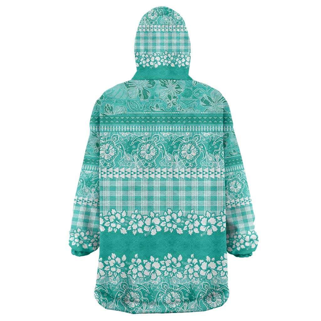 Hawaiian Hibiscus Honu Wearable Blanket Hoodie Turquoise Mele Kalikimaka Palaka Spirit - Polynesian Pride