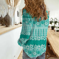 Hawaiian Hibiscus Honu Women Casual Shirt Turquoise Mele Kalikimaka Palaka Spirit - Polynesian Pride
