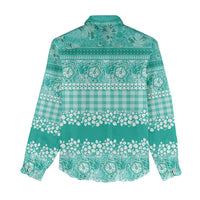 Hawaiian Hibiscus Honu Women Casual Shirt Turquoise Mele Kalikimaka Palaka Spirit - Polynesian Pride