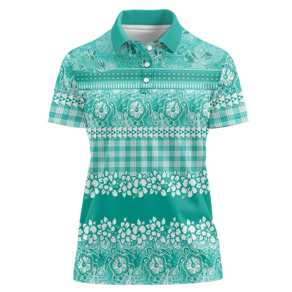 Hawaiian Hibiscus Honu Women Polo Shirt Turquoise Mele Kalikimaka Palaka Spirit - Polynesian Pride