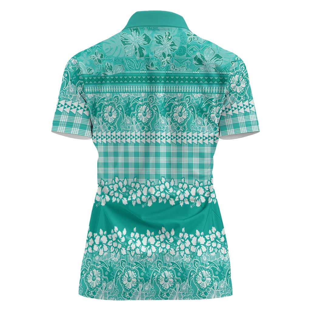 Hawaiian Hibiscus Honu Women Polo Shirt Turquoise Mele Kalikimaka Palaka Spirit - Polynesian Pride