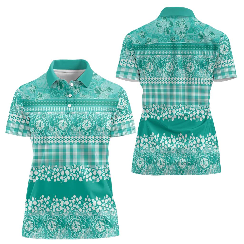 Hawaiian Hibiscus Honu Women Polo Shirt Turquoise Mele Kalikimaka Palaka Spirit - Polynesian Pride