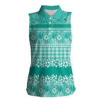 Hawaiian Hibiscus Honu Women Sleeveless Polo Shirt Turquoise Mele Kalikimaka Palaka Spirit LT9 Female Turquoise - Polynesian Pride