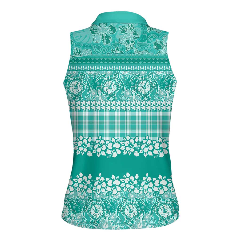 Hawaiian Hibiscus Honu Women Sleeveless Polo Shirt Turquoise Mele Kalikimaka Palaka Spirit LT9 - Polynesian Pride