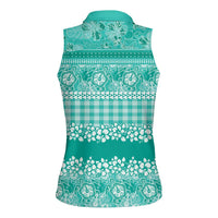 Hawaiian Hibiscus Honu Women Sleeveless Polo Shirt Turquoise Mele Kalikimaka Palaka Spirit LT9 - Polynesian Pride