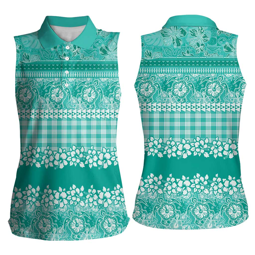 Hawaiian Hibiscus Honu Women Sleeveless Polo Shirt Turquoise Mele Kalikimaka Palaka Spirit LT9 - Polynesian Pride