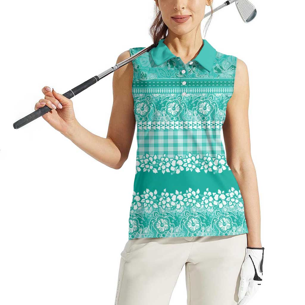 Hawaiian Hibiscus Honu Women Sleeveless Polo Shirt Turquoise Mele Kalikimaka Palaka Spirit LT9 - Polynesian Pride