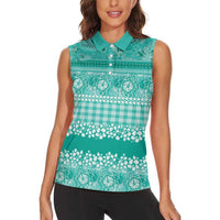 Hawaiian Hibiscus Honu Women Sleeveless Polo Shirt Turquoise Mele Kalikimaka Palaka Spirit LT9 - Polynesian Pride