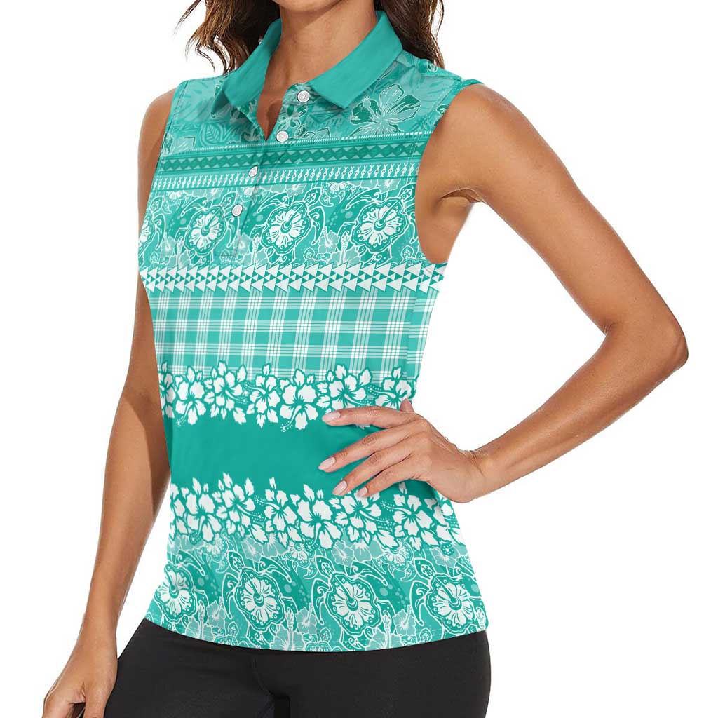 Hawaiian Hibiscus Honu Women Sleeveless Polo Shirt Turquoise Mele Kalikimaka Palaka Spirit LT9 - Polynesian Pride