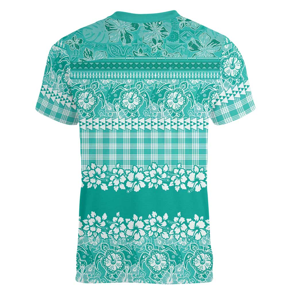 Hawaiian Hibiscus Honu Women V-Neck T-Shirt Turquoise Mele Kalikimaka Palaka Spirit LT9 - Polynesian Pride
