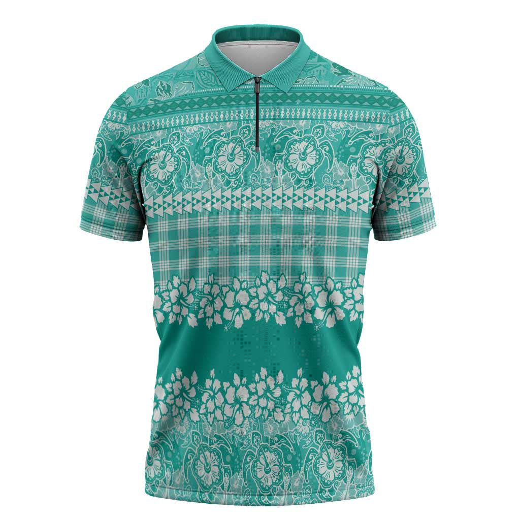Hawaiian Hibiscus Honu Zipper Polo Shirt Turquoise Mele Kalikimaka Palaka Spirit - Polynesian Pride