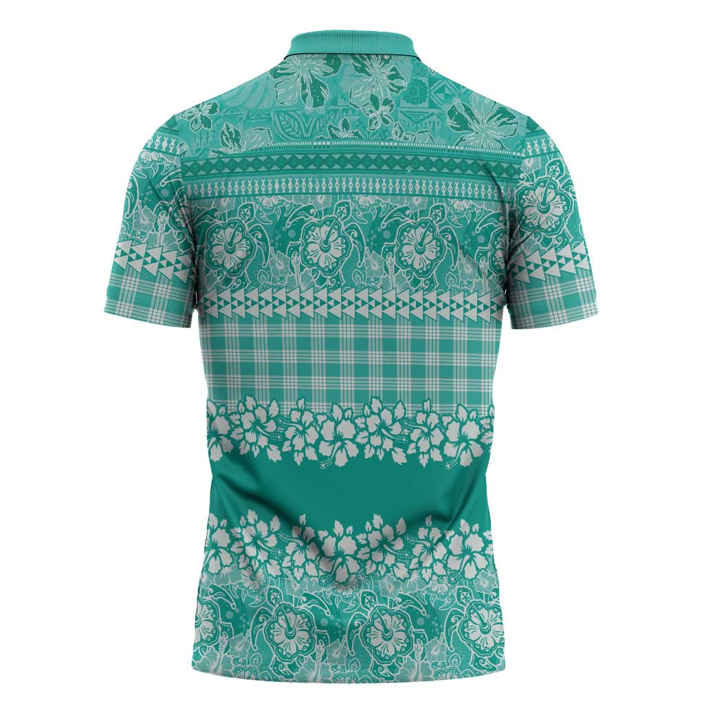 Hawaiian Hibiscus Honu Zipper Polo Shirt Turquoise Mele Kalikimaka Palaka Spirit - Polynesian Pride