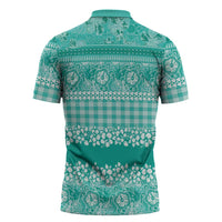 Hawaiian Hibiscus Honu Zipper Polo Shirt Turquoise Mele Kalikimaka Palaka Spirit - Polynesian Pride
