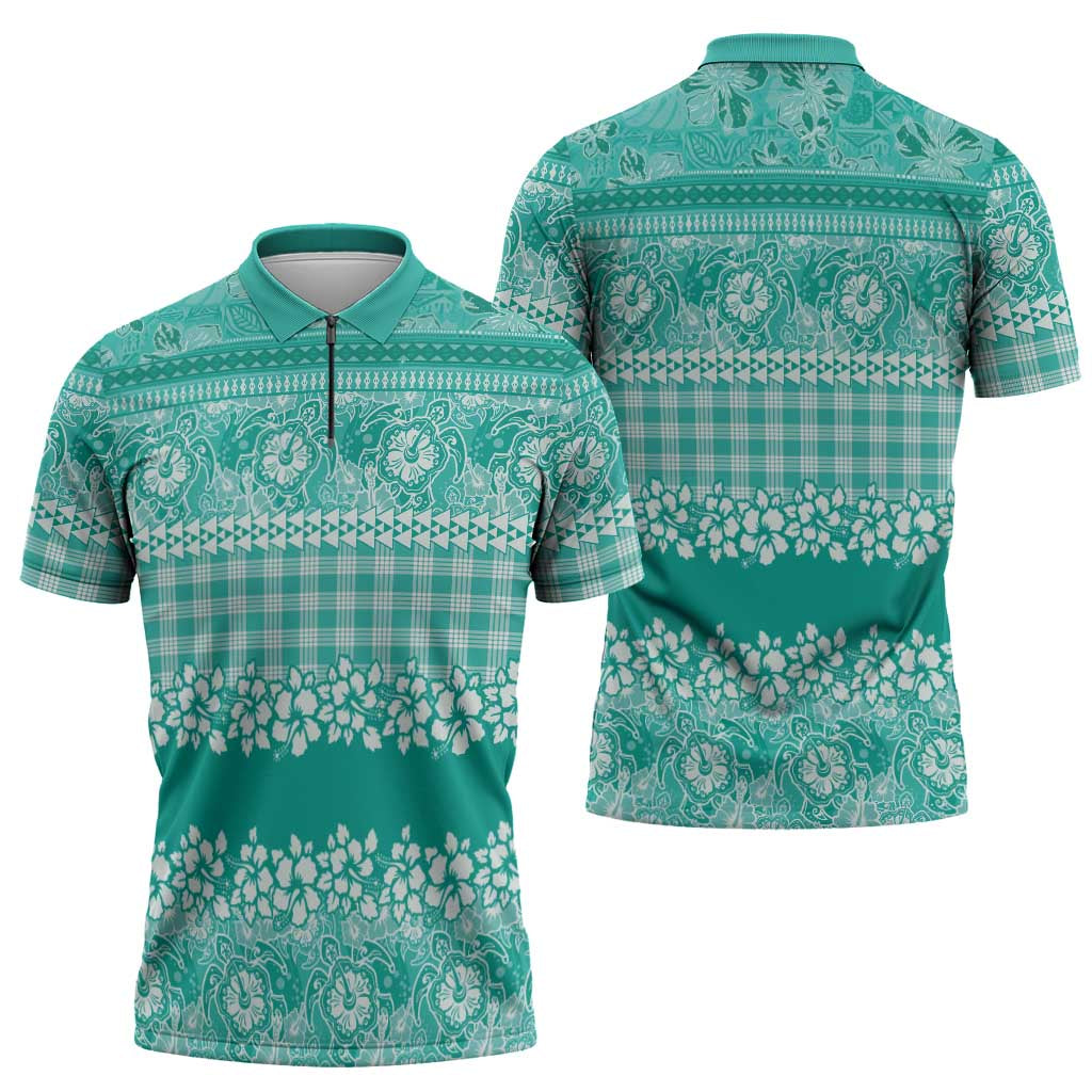 Hawaiian Hibiscus Honu Zipper Polo Shirt Turquoise Mele Kalikimaka Palaka Spirit - Polynesian Pride