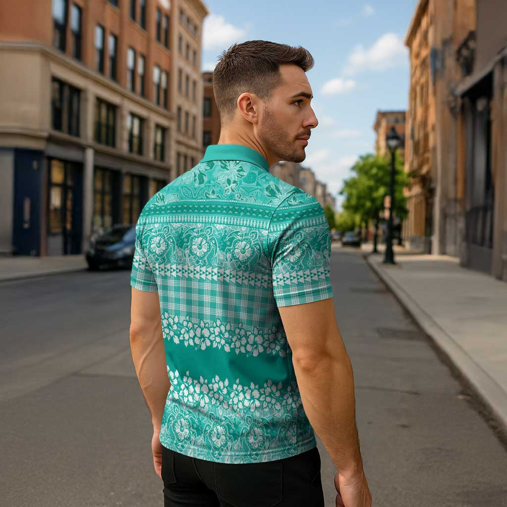 Hawaiian Hibiscus Honu Zipper Polo Shirt Turquoise Mele Kalikimaka Palaka Spirit - Polynesian Pride