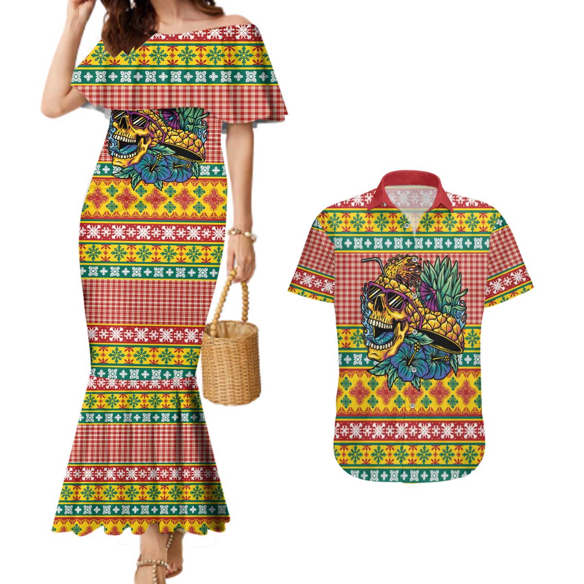 Hawaiian Pineapples Skull Couples Matching Mermaid Dress and Hawaiian Shirt Mele Kalikimaka Palaka Quilt Pattern - Polynesian Pride