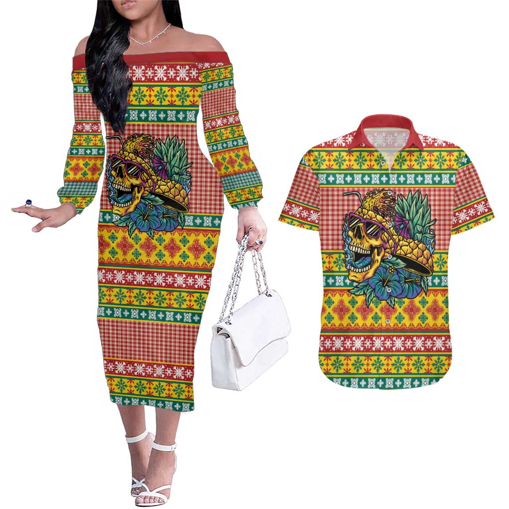Hawaiian Pineapples Skull Couples Matching Off The Shoulder Long Sleeve Dress and Hawaiian Shirt Mele Kalikimaka Palaka Quilt Pattern - Polynesian Pride