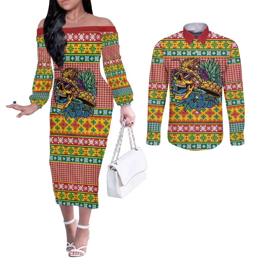 Hawaiian Pineapples Skull Couples Matching Off The Shoulder Long Sleeve Dress and Long Sleeve Button Shirt Mele Kalikimaka Palaka Quilt Pattern - Polynesian Pride