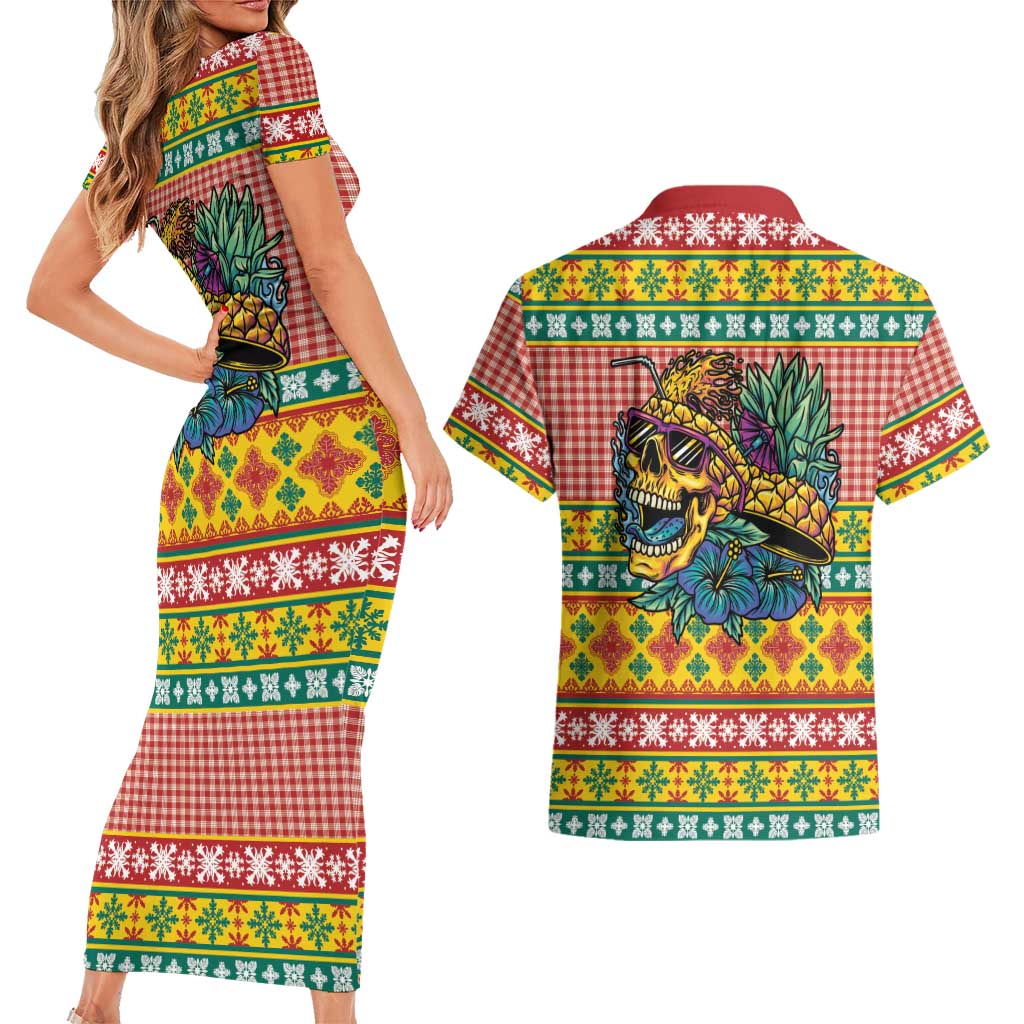 Hawaiian Pineapples Skull Couples Matching Short Sleeve Bodycon Dress and Hawaiian Shirt Mele Kalikimaka Palaka Quilt Pattern - Polynesian Pride