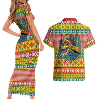 Hawaiian Pineapples Skull Couples Matching Short Sleeve Bodycon Dress and Hawaiian Shirt Mele Kalikimaka Palaka Quilt Pattern - Polynesian Pride