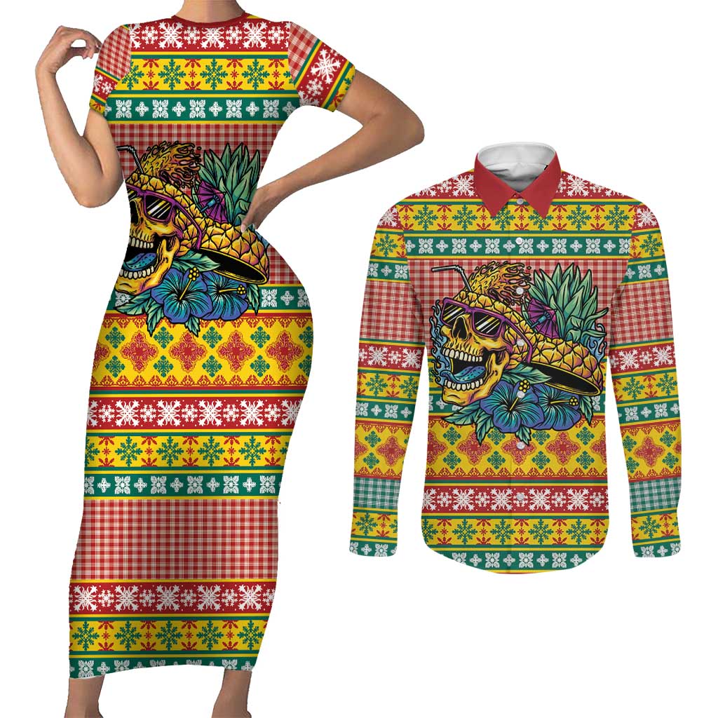 Hawaiian Pineapples Skull Couples Matching Short Sleeve Bodycon Dress and Long Sleeve Button Shirt Mele Kalikimaka Palaka Quilt Pattern - Polynesian Pride