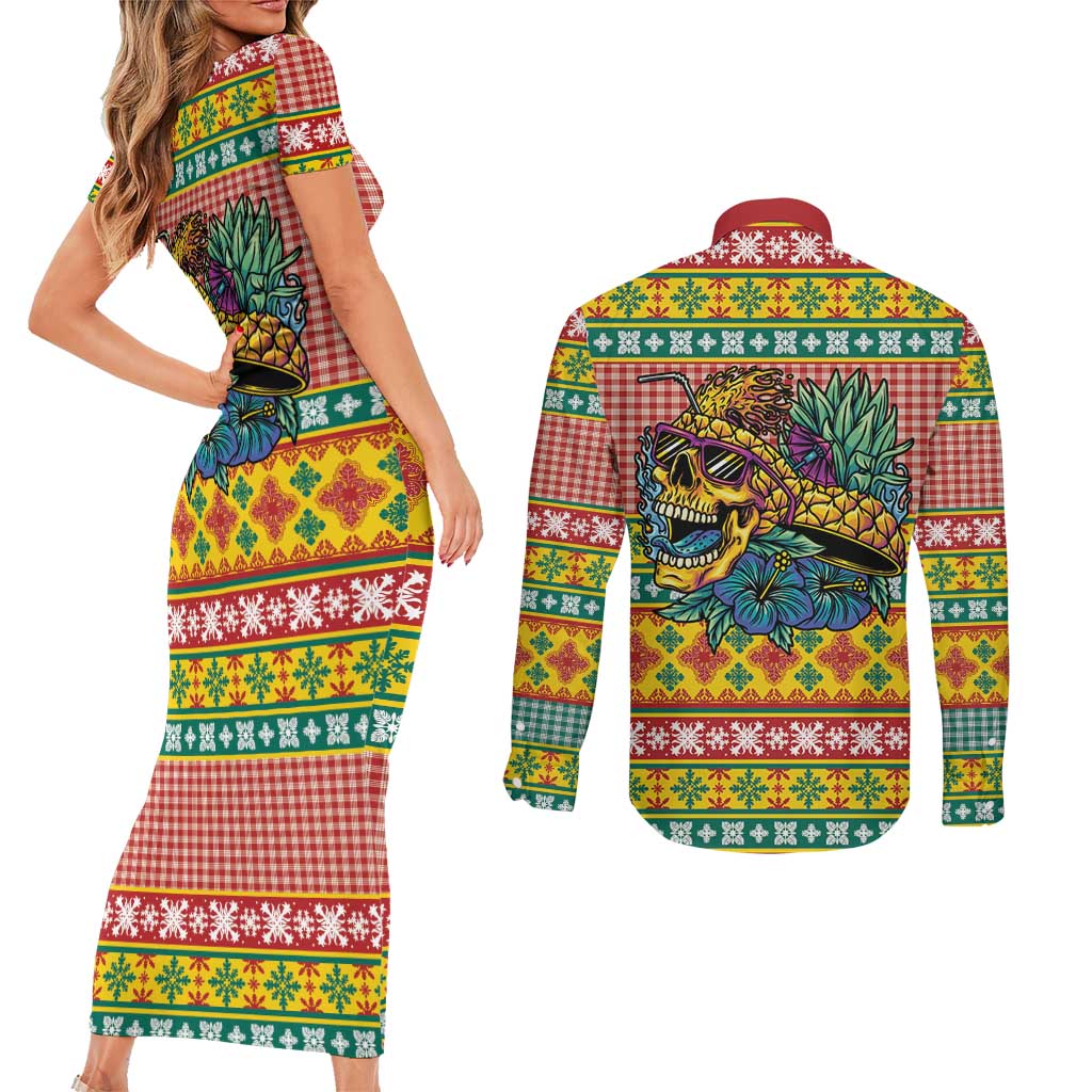 Hawaiian Pineapples Skull Couples Matching Short Sleeve Bodycon Dress and Long Sleeve Button Shirt Mele Kalikimaka Palaka Quilt Pattern - Polynesian Pride
