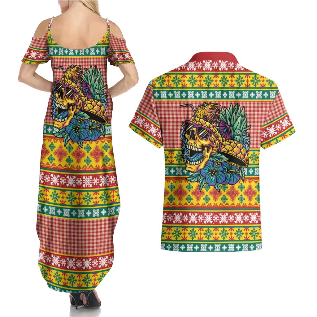 Hawaiian Pineapples Skull Couples Matching Summer Maxi Dress and Hawaiian Shirt Mele Kalikimaka Palaka Quilt Pattern - Polynesian Pride