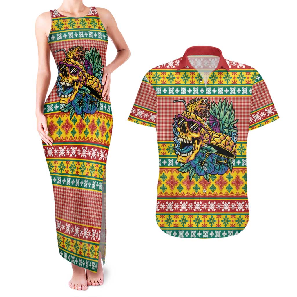 Hawaiian Pineapples Skull Couples Matching Tank Maxi Dress and Hawaiian Shirt Mele Kalikimaka Palaka Quilt Pattern - Polynesian Pride