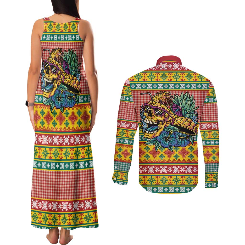 Hawaiian Pineapples Skull Couples Matching Tank Maxi Dress and Long Sleeve Button Shirt Mele Kalikimaka Palaka Quilt Pattern - Polynesian Pride
