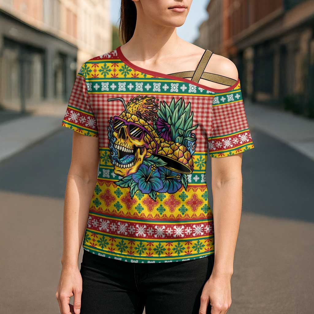 Hawaiian Pineapples Skull Cross Shoulder Shirt Mele Kalikimaka Palaka Quilt Pattern - Polynesian Pride