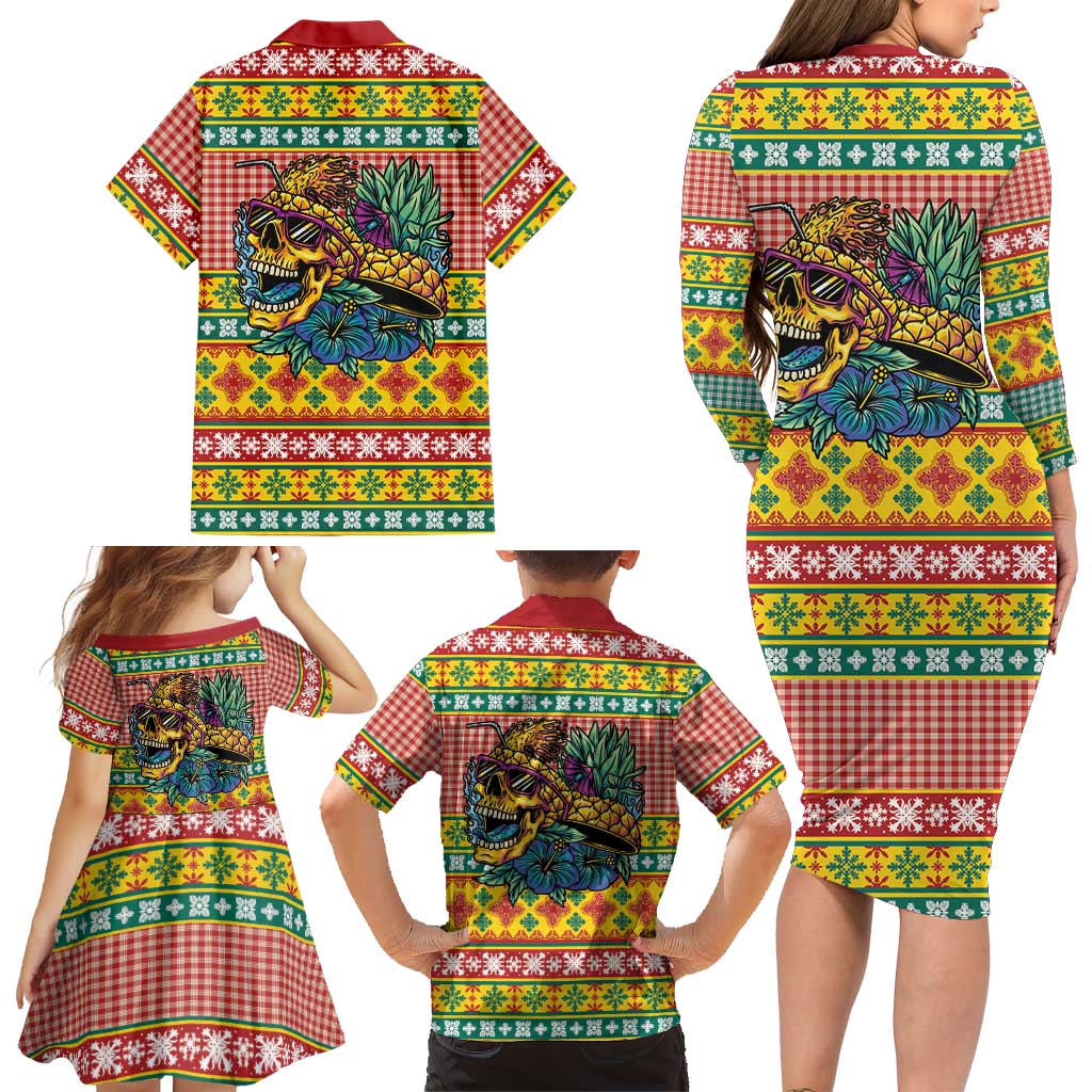 Hawaiian Pineapples Skull Family Matching Long Sleeve Bodycon Dress and Hawaiian Shirt Mele Kalikimaka Palaka Quilt Pattern LT9 - Polynesian Pride